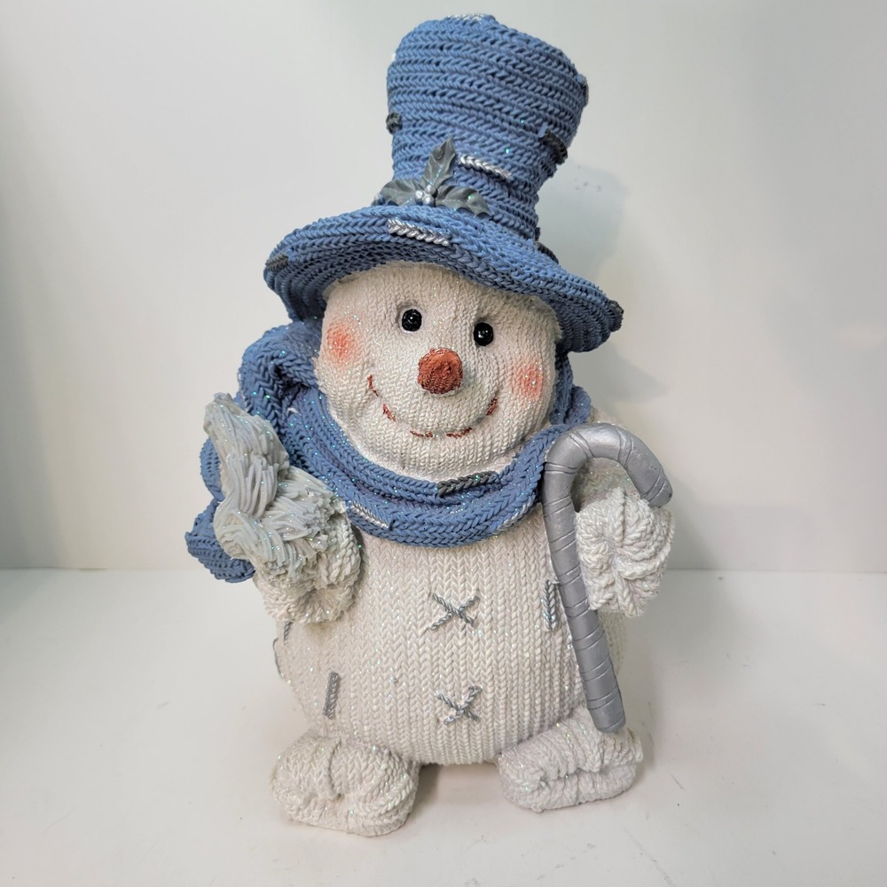 Blue Knitted Snowman Figurine with Top Hat & Cane Winter Holiday Decor